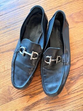 Salvatore Ferragamo Black Leather Loafers with Silver Bit